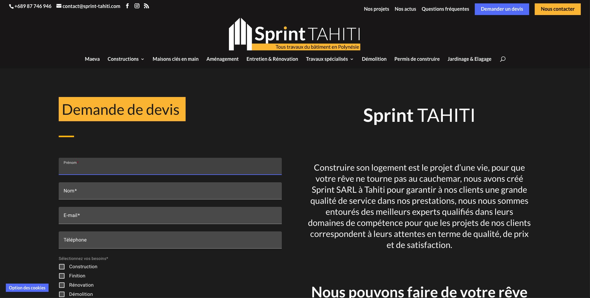 Site Internet de l'entreprise Sprint Tahiti