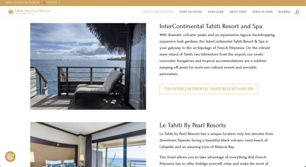 Site Internet Tahiti VacationsRentals, blog dédié au locations de vacances et hôtels de luxe en Polynésie française