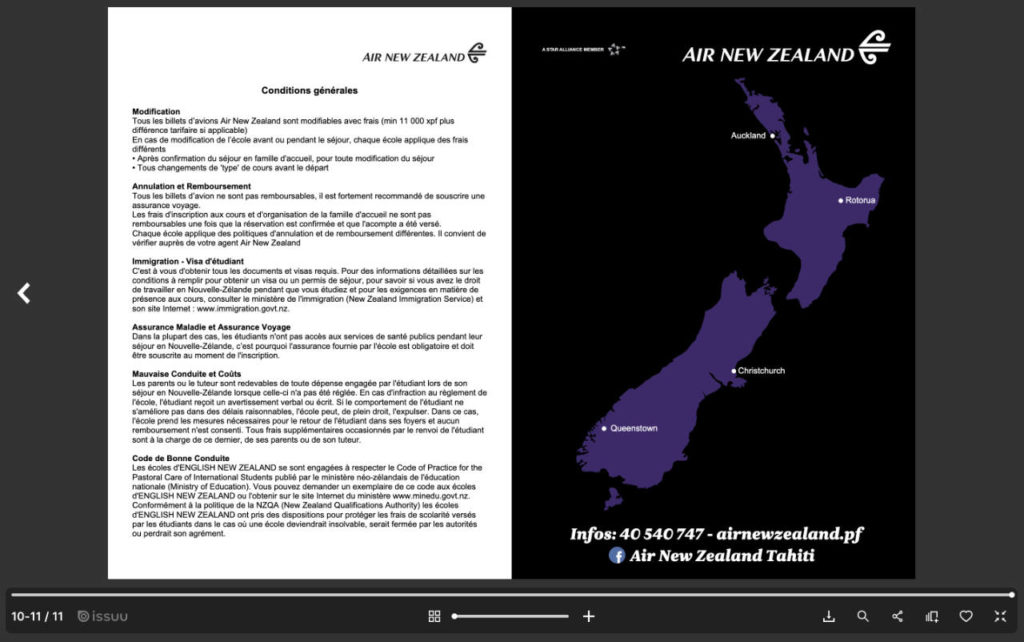 Brochure étudier l'anglais en Nouvelle-Zélande avec Air New Zealand