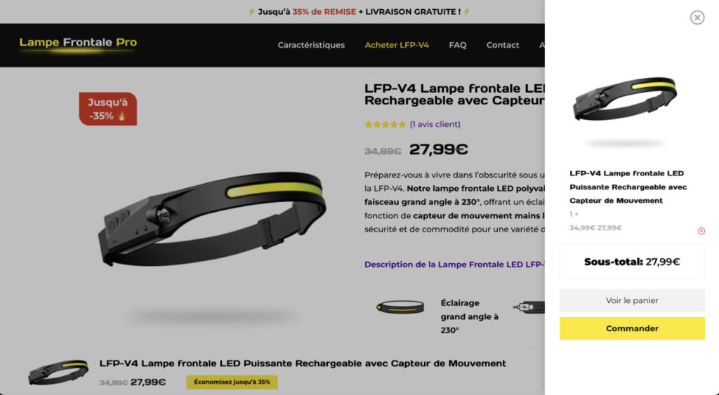 Site Internet e-commerce dropshipping Lampe Frontale Pro, vente de torche frontale LED