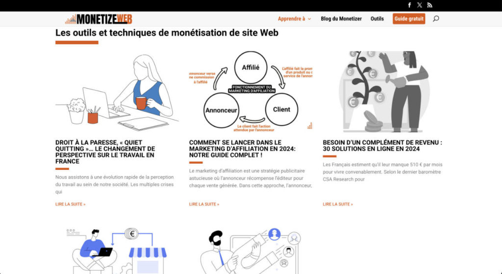 Site Internet monetizeweb.fr, blog de formation, guide et tests d'outils pour gagner de l'argent en ligne