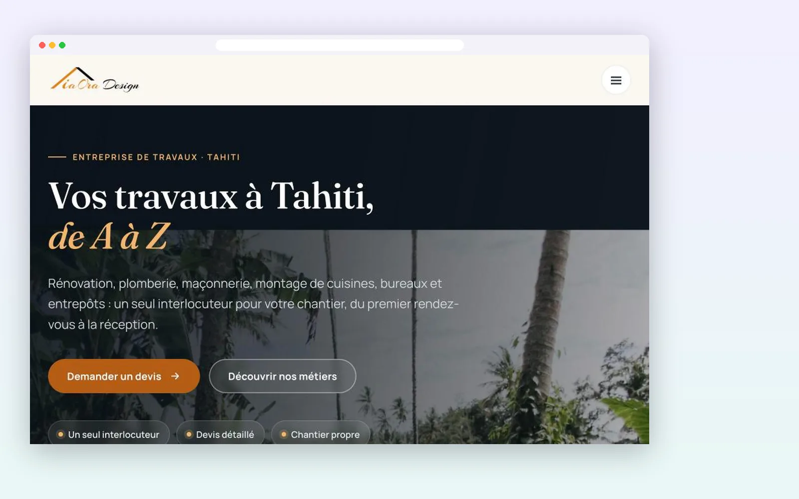 Page d’accueil du site ia Ora Design, entreprise de travaux à Tahiti