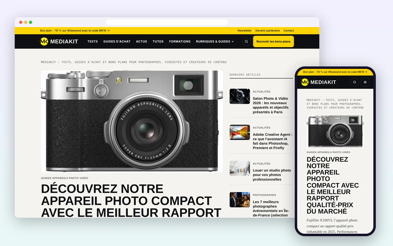 Page d’accueil du magazine MediaKit sur ordinateur et sur mobile